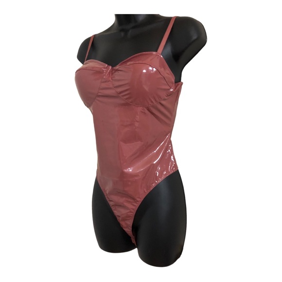 Mauve brown Patent leather glossy padded spaghetti strap bustier bodysuit size L - Picture 11 of 15